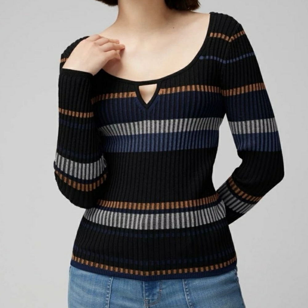 WHBM Long Sleeve Stripe Keyhole Pullover Sweater